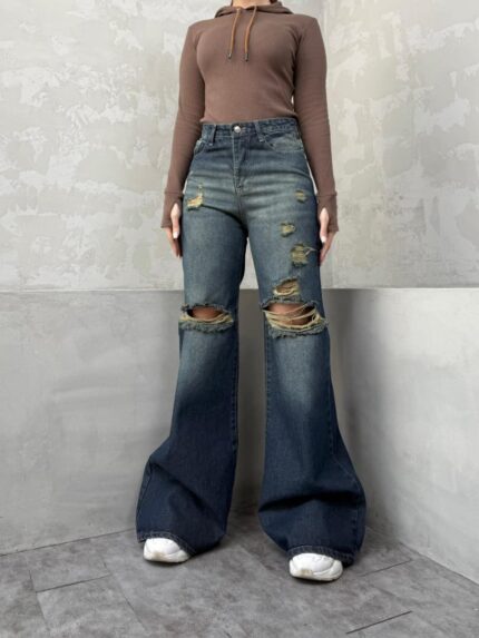 شلوار بگ بوتکات زاپدار آبی تیره کد محصول : ۴۱۴۴